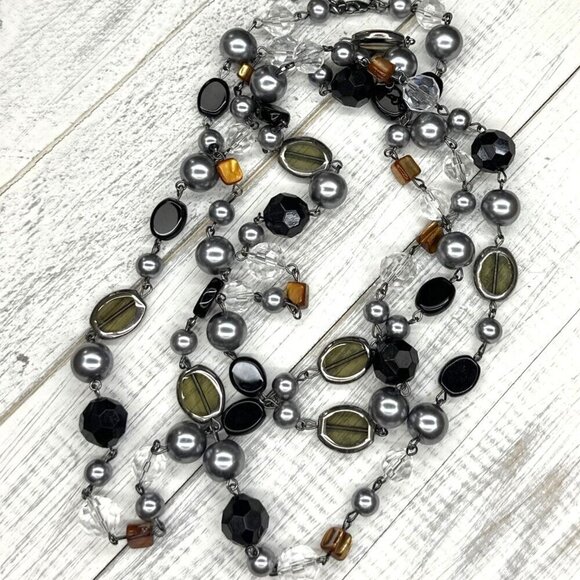 Premier Designs Necklace Long Length Beaded Silver Tone Black Mixed Beads - Picture 3 of 4